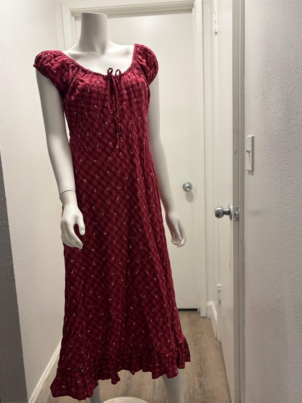 Universal Thread Burgundy Maxi Peasant Dress with Tie Neck